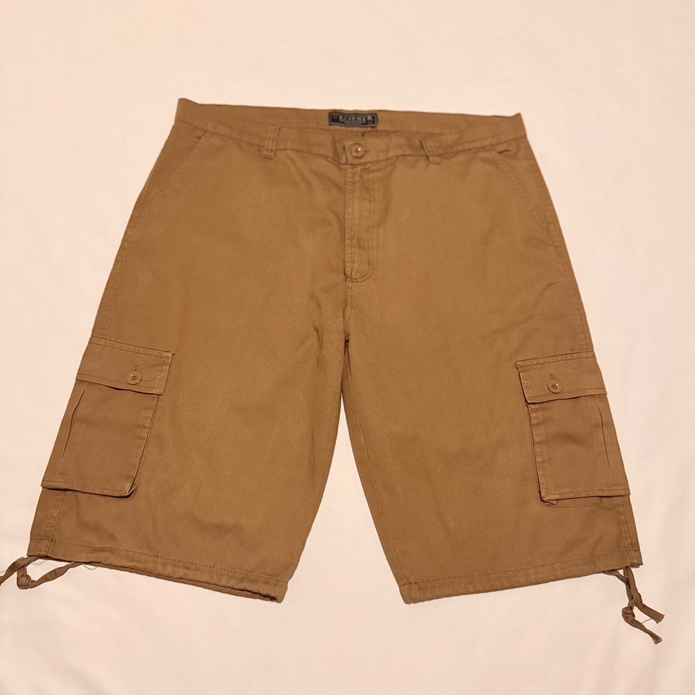Decipher Cargo Shorts Mens 38 Khaki Tan Utility Drawstring Hem Twill Y2K 00s